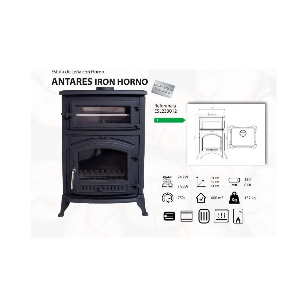 ESTUFA DE LEÑA DE FUNDICIÓN CON HORNO ANTARES NEW 18 KW EIDER BIOMASA