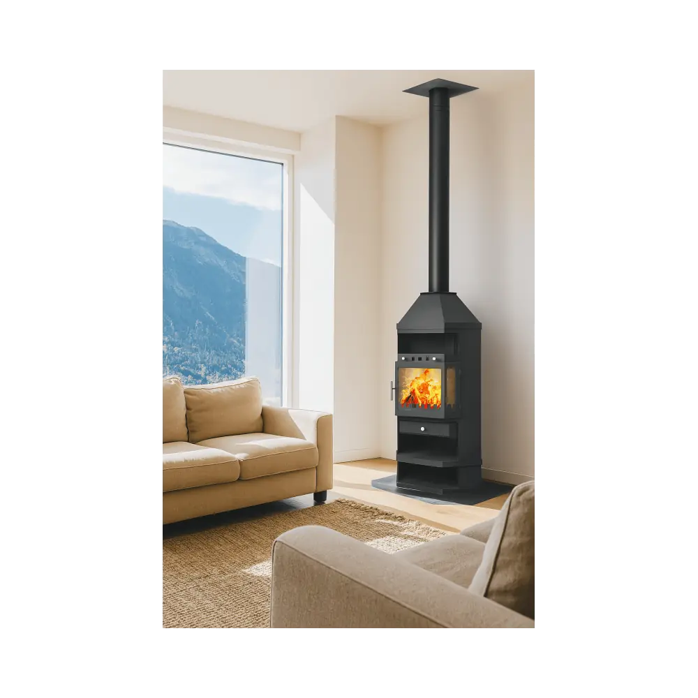 ESTUFA DE LEÑA LINAM ESQUINA CON LEÑERO INFERIOR EIDER BIOMASA