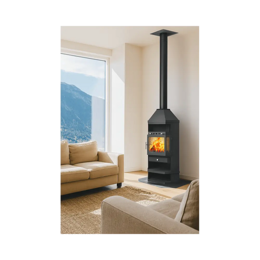 ESTUFA DE LEÑA LINAM ESQUINA CON LEÑERO INFERIOR EIDER BIOMASA