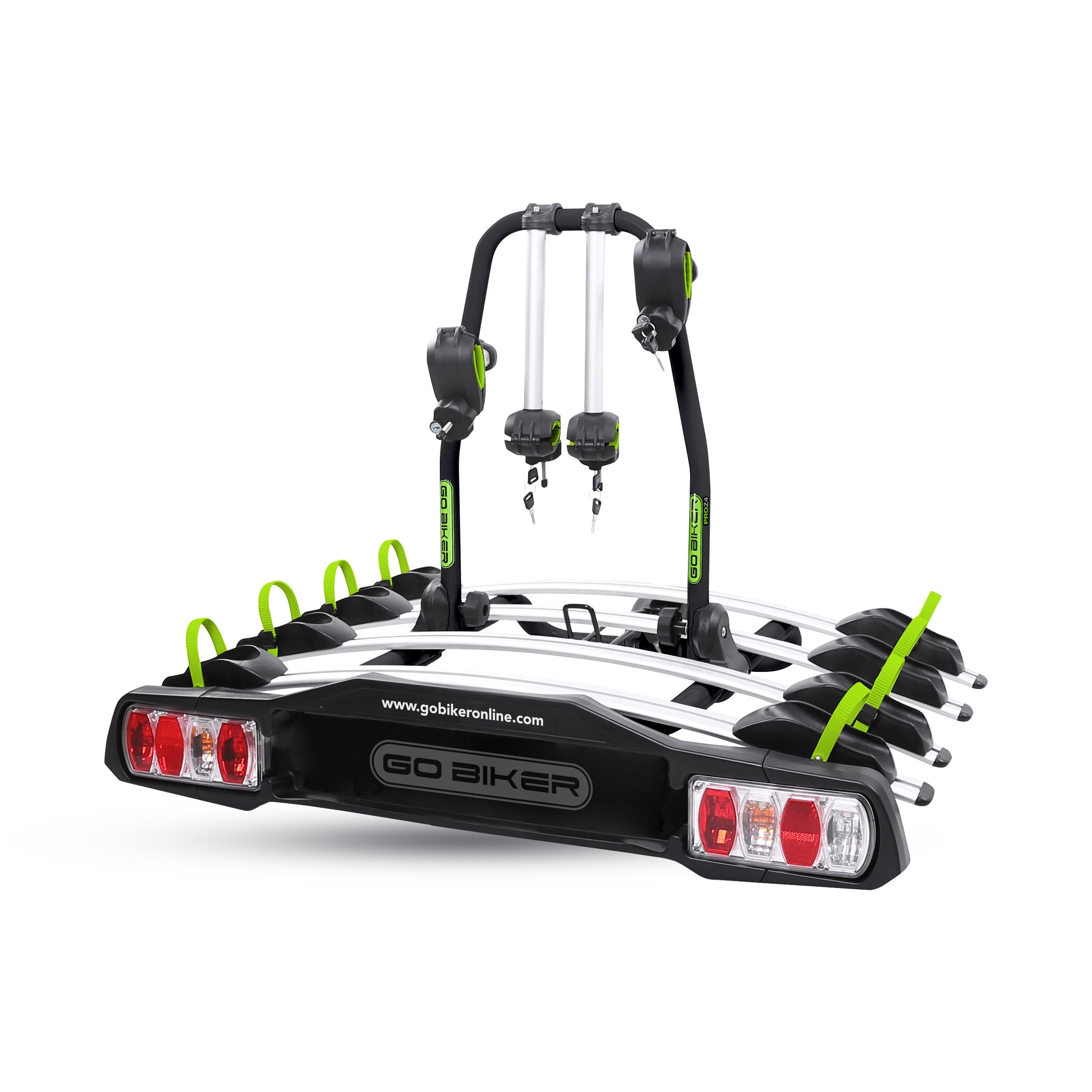 GO BIKER PRO Z4 portabici per 4 bici, gancio di traino, telaio in acciaio/alluminio, 15 kg/rotaia, tutte le bici, pieghevole, ripiegabile, antifurto